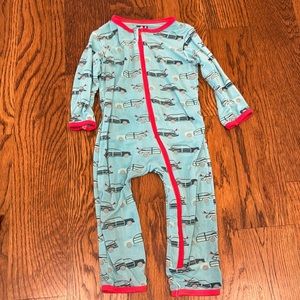 Size 6-9 Months KICKEE pants coverall zip up cars blue. Excellent condition